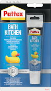 Förpackning med Pattex Bath Kitchen transparent silikonfog för kök och bad, med en illustration av en gul badanka.