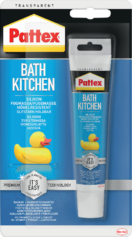 Förpackning med Pattex Bath Kitchen transparent silikonfog för kök och bad, med en illustration av en gul badanka.