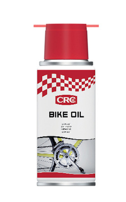 Sprayburk med röd topplock och etikett med texten "CRC BIKE OIL", samt bild av cykeldrev.
