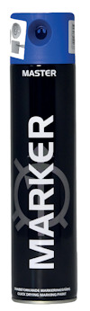 Svart sprayburk med blått lock, texten "MARKER MASTER" och en symbol synliga.