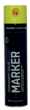 Sprayburk med texten "PERMANENT SOLID MARKER" och gul lock. Märkt "Made in Sweden".