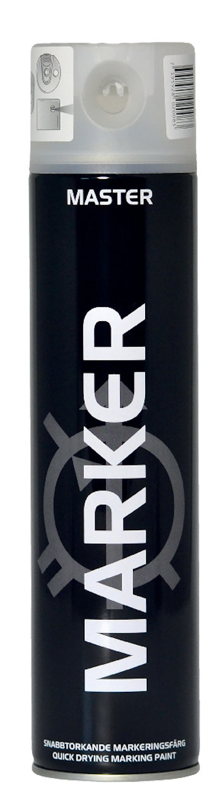 Svart sprayburk med texten "MARKER" och "MASTER" på etiketten.