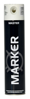 Sprayburk med text "MARKER" och "MASTER", svart etikett, vit lock.