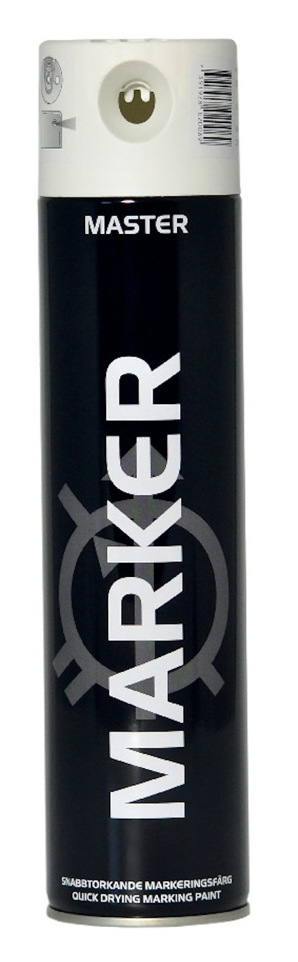 Sprayburk med text "MARKER" och "MASTER", svart etikett, vit lock.
