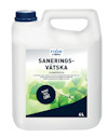 Plastdunk med etiketttexten "Saneringsvätska 4L", gröna blad och text om att ta bort dålig lukt.