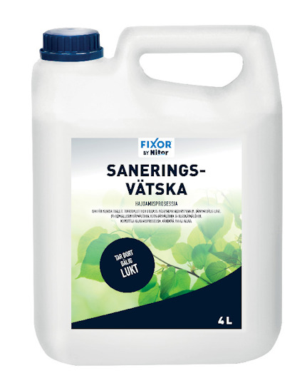 Plastdunk med etiketttexten "Saneringsvätska 4L", gröna blad och text om att ta bort dålig lukt.