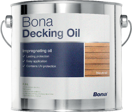 Burk med texten "Bona Decking Oil Neutral" och en bild av trä. Text beskriver impregnerande olja för enkel applicering och UV-skydd.