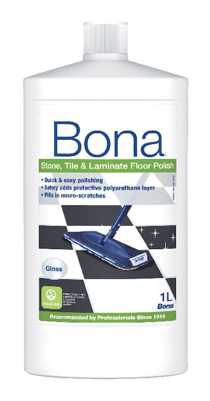 Flaska med Bona Stone, Tile & Laminate Floor Polish, 1L. Vit etikett med en mopp och text "Gloss".