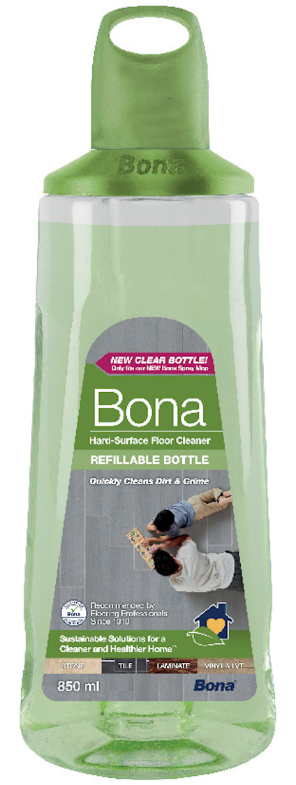 Flaska Bona Hard-Surface Floor Cleaner med grön kork och etikett. Rymmer 850 ml.