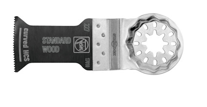 Sågblad med tandad kant, svart och silverfärgat, märkt med "curved HCS" och "standard wood", och en stjärnformad anslutning.