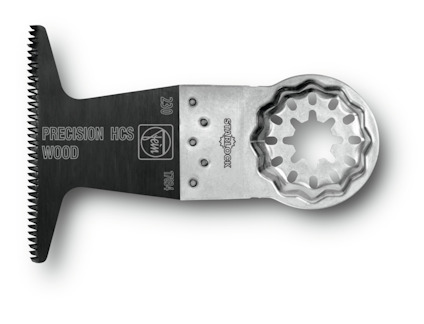 Sågblad med texten "Precision HCS Wood", synliga tänder och flerhålsfäste.