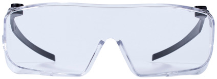 Skyddsglasögon med transparenta linser och svarta skalmar.