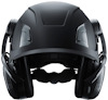 Skyddshjälm med integrerade hörselkåpor, svart design, sedd framifrån.