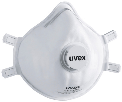 Vit halvansiktsmask med ventil och UVEX-logotyp. Fyra justerbara fästen på sidorna.