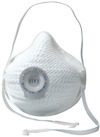 Vit FFP2-mask med ventil och justerbara remmar, text "CE 0121 EN149:2001, FFP2, MOLDEX 3105" på framsidan.