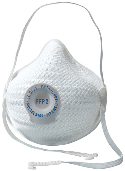 Vit FFP2-mask med ventil och justerbara remmar, text "CE 0121 EN149:2001, FFP2, MOLDEX 3105" på framsidan.