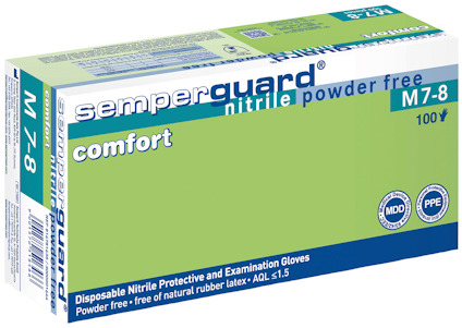 Förpackning med engångshandskar av nitril, märkta "semperguard comfort", storlek M7-8, puderfria. Innehåller 100 st.