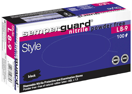 Förpackning av SemperGuard nitrilhandskar, pudderfria, storlek L8-9, 100 st, svart.