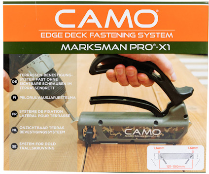 Förpackning med CAMO Marksman Pro-X1 skruvverktyg för dold trallskruvning.
