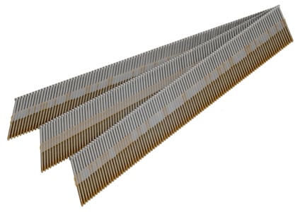 Rader av sammanfogade metallspikar med grå huvuden och gyllene kroppar.