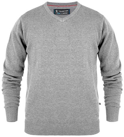 Ljusgrå pullover med V-ringning och ribbade muddar. Etikett med logotypen "TEXSTAR" synlig vid kragen.