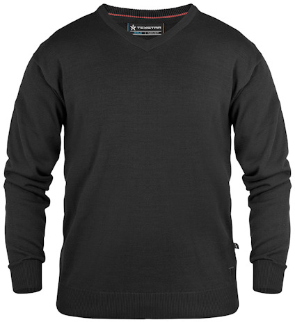 Svart V-ringad pullover med Texstar-logga på insidan av kragen.