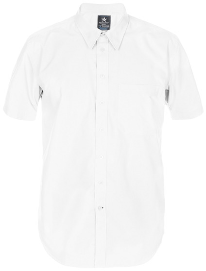 Vit kortärmad skjorta med krage och knappar framtill.