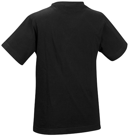 Svart T-shirt med korta ärmar, sedd bakifrån.