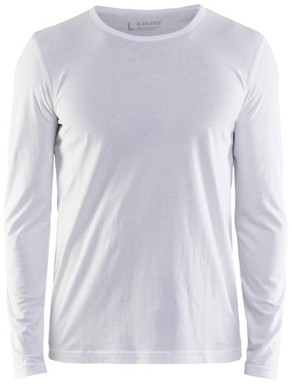 Vit långärmad t-shirt sedd framifrån, med rund hals och enkelt snitt.