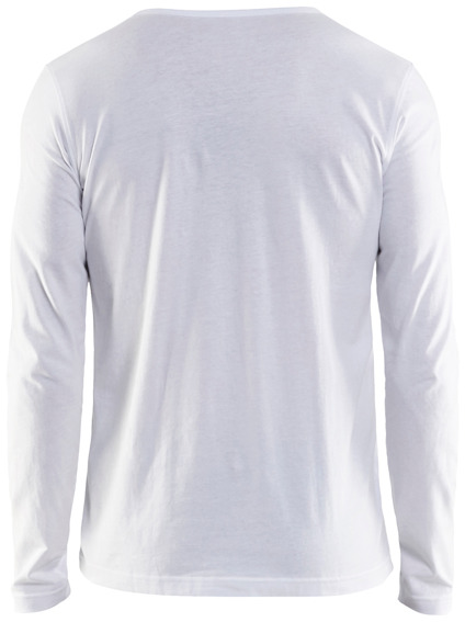 En vit långärmad t-shirt sedd bakifrån.