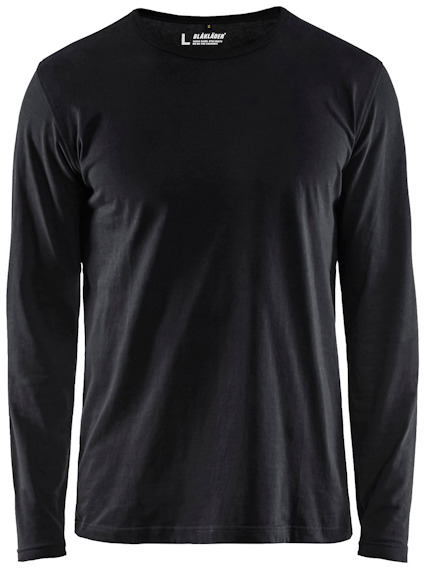 Svart långärmad T-shirt med rund halsringning, Blåkläder-logotyp på insidan av kragen.