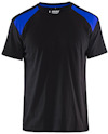 Svart t-shirt med blå axelpartier och rund halsringning. Texten "Blåkläder" syns på etiketten i nacken.