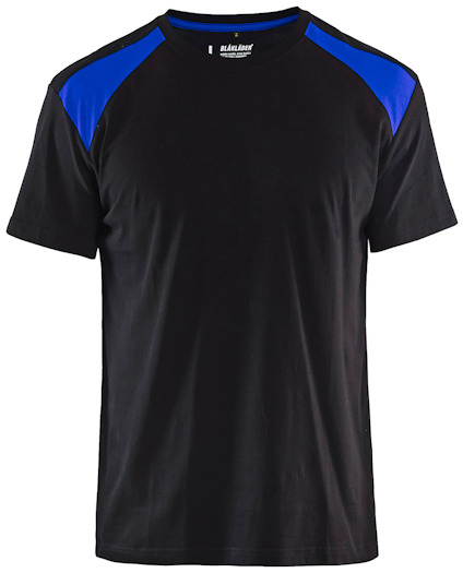 Svart t-shirt med blå axelpartier och rund halsringning. Texten "Blåkläder" syns på etiketten i nacken.