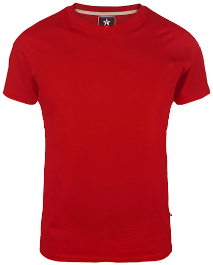 Röd kortärmad T-shirt med rund hals, utan tryck eller mönster.