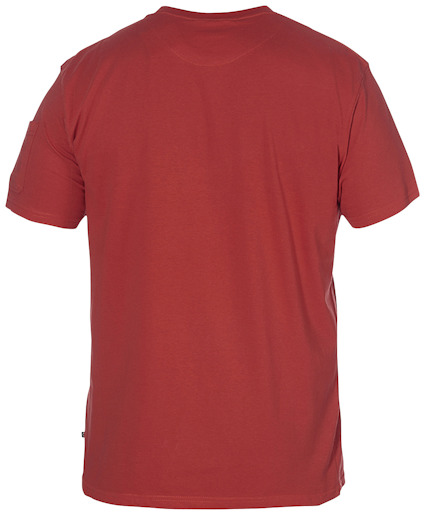 Röd t-shirt sedd bakifrån med korta ärmar och rund hals.