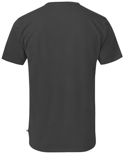 Svart t-shirt sedd bakifrån med rund hals och korta ärmar.