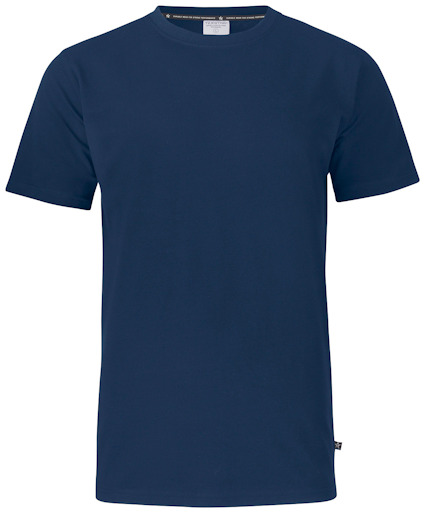 Mörkblå T-shirt med rund hals och korta ärmar, visad framifrån.