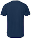 Mörkblå t-shirt sedd bakifrån, utan tryck eller mönster.