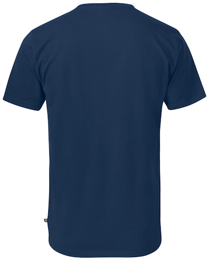 Mörkblå t-shirt sedd bakifrån, utan tryck eller mönster.