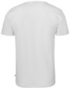 En enfärgad vit t-shirt sedd bakifrån mot en vit bakgrund.