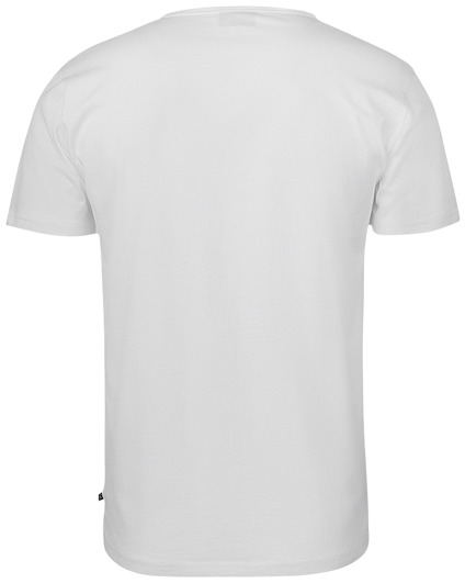 En enfärgad vit t-shirt sedd bakifrån mot en vit bakgrund.