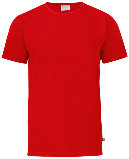 Röd t-shirt med rund hals och korta ärmar, etikett i nacken.