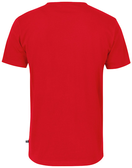 Röd kortärmad t-shirt sedd bakifrån.