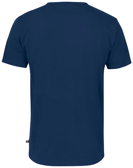Mörkblå t-shirt sedd bakifrån, utan tryck eller mönster.