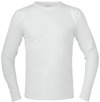 Vit långärmad t-shirt med rund hals, visad framifrån mot en vit bakgrund.