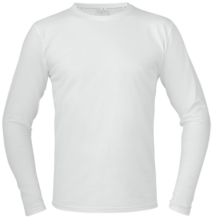 Vit långärmad t-shirt med rund hals, visad framifrån mot en vit bakgrund.