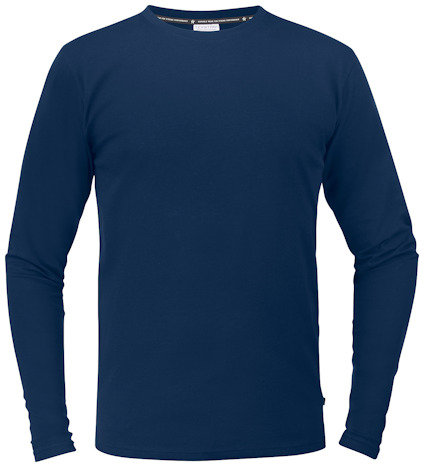 Mörkblå långärmad t-shirt mot vit bakgrund.