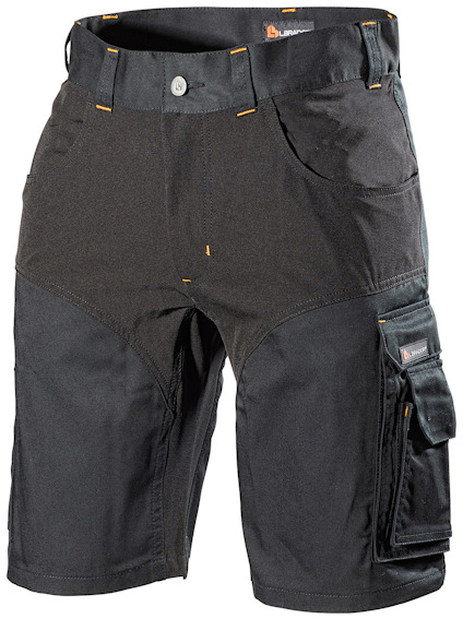 Svarta arbetsshorts med flera fickor, orangea sömmar och knappstängning.