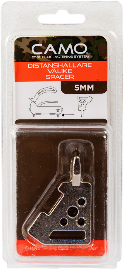 Förpackning med en CAMO-distanshållare, text "DISTANSHALLARE VÄLIKE SPACER 5MM" syns.