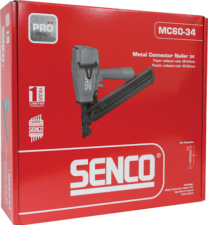 Röd förpackning för Senco metallanknuten spikpistol MC60-34, Pro Series.